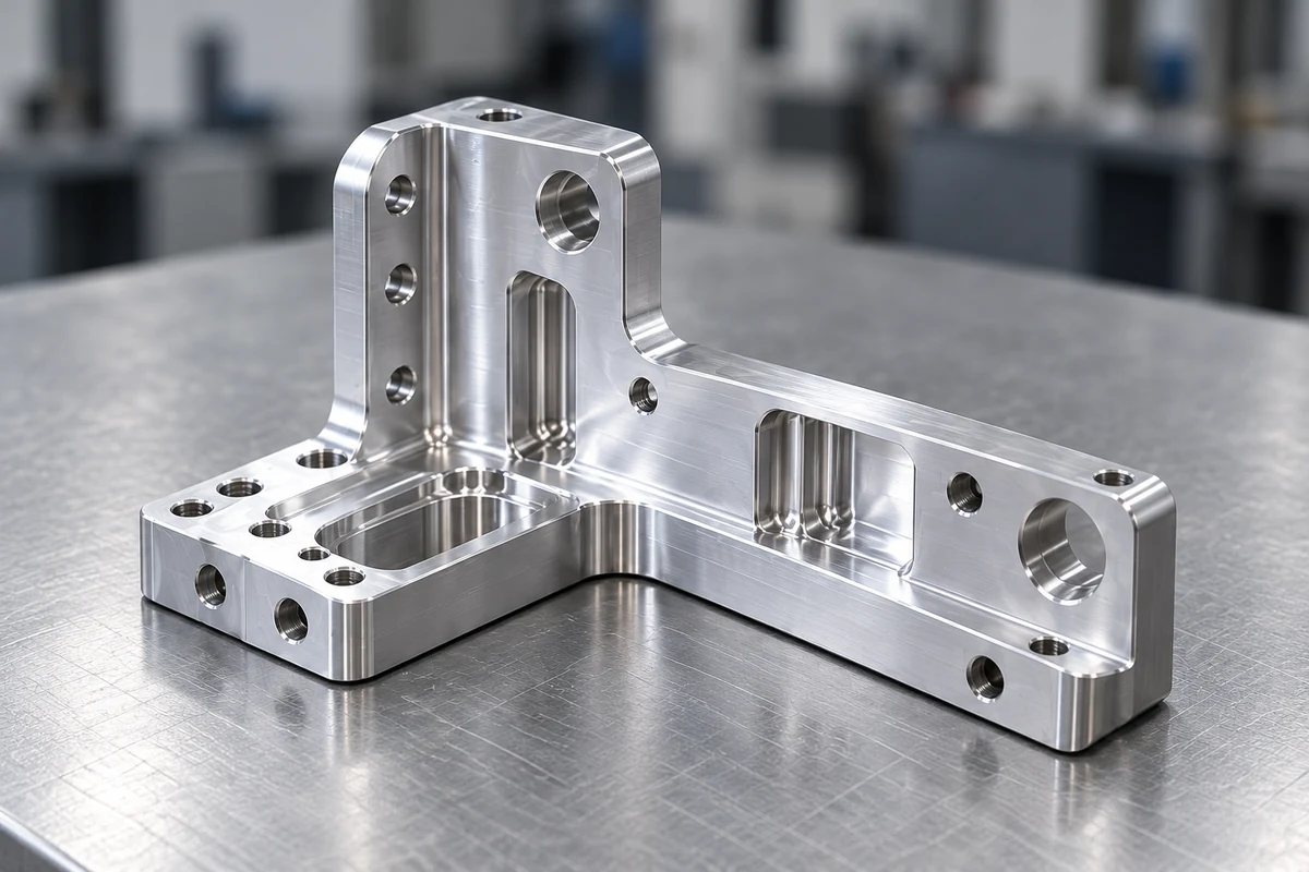 Close view of the example automation bracket, showing the mounting faces, bores and milled pockets
