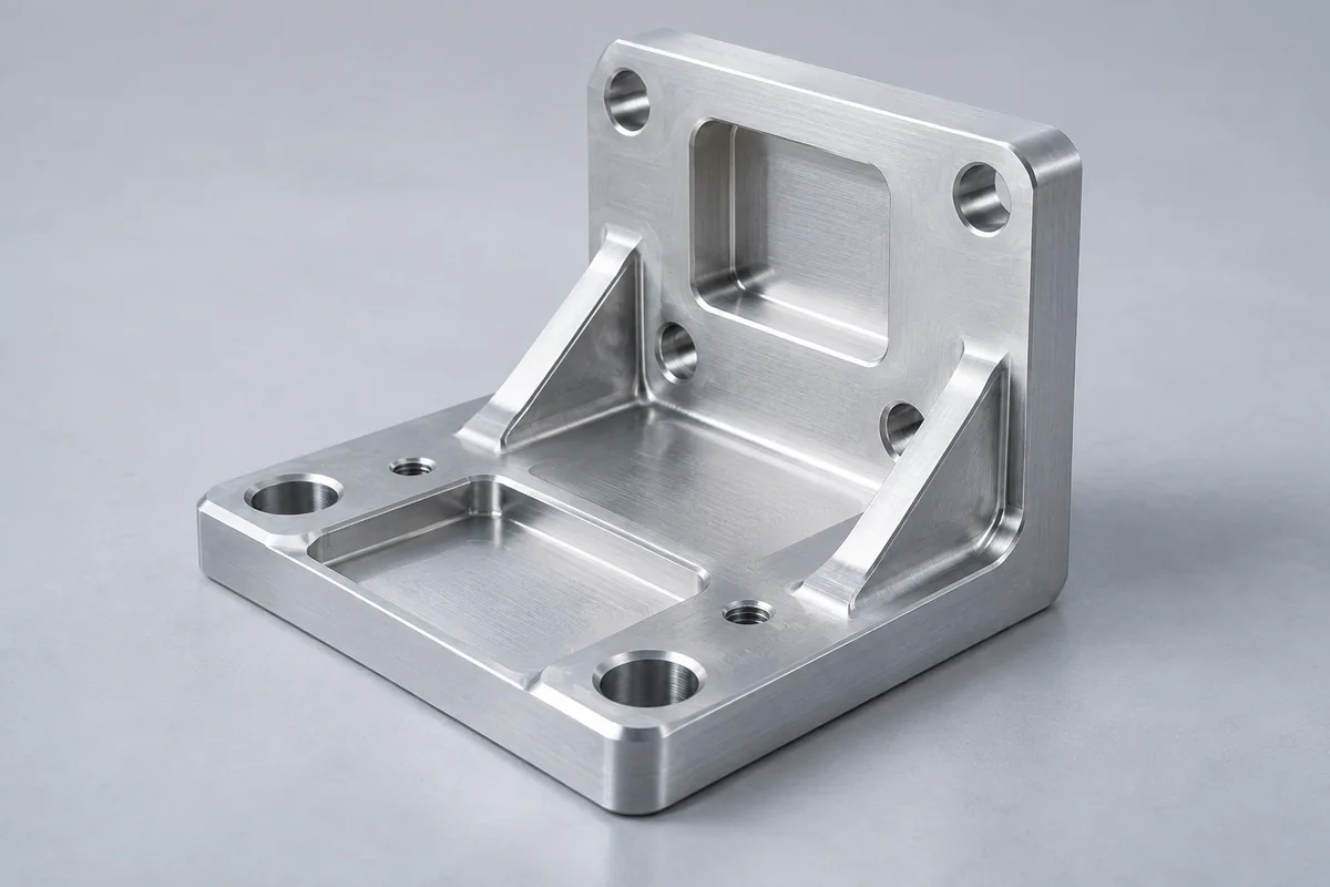 Illustrative machined aluminum mounting bracket showing holes and milled pockets