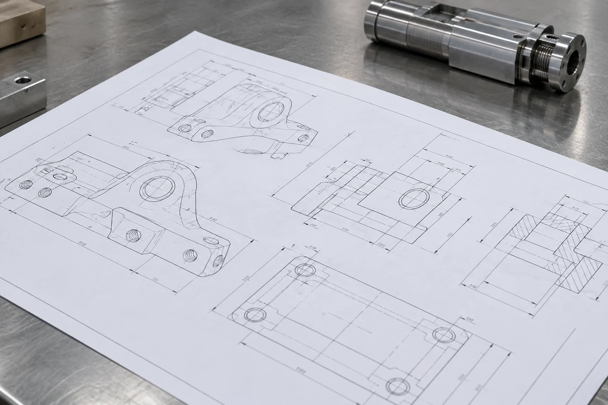 Illustrative mechanical drawing and turned component during engineering review
