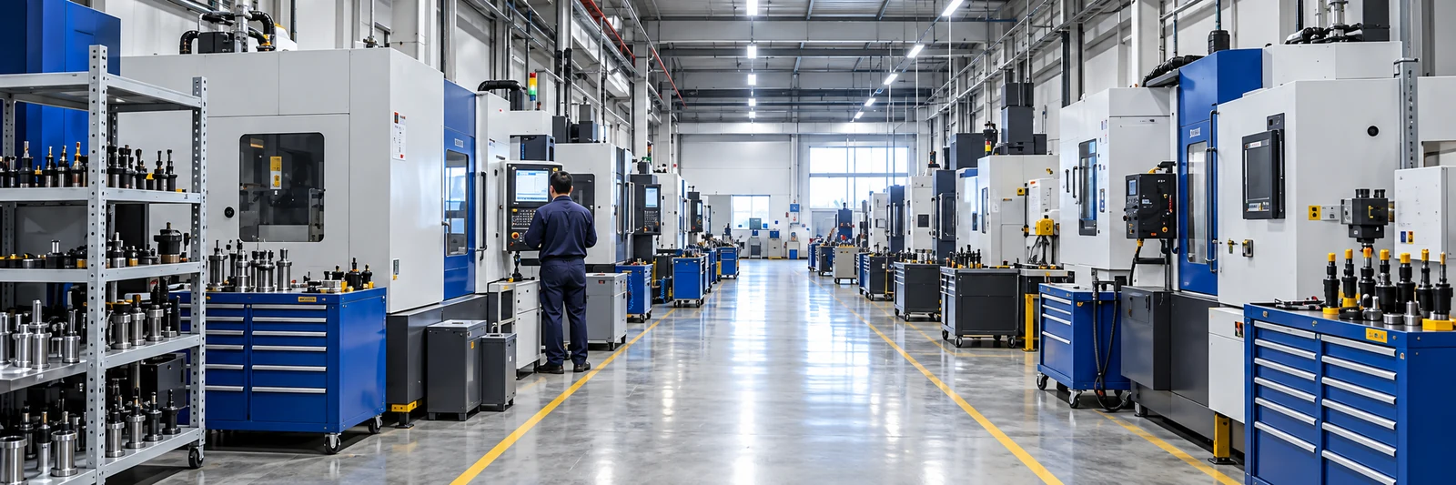 Illustrative CNC machine workshop with an organized central aisle