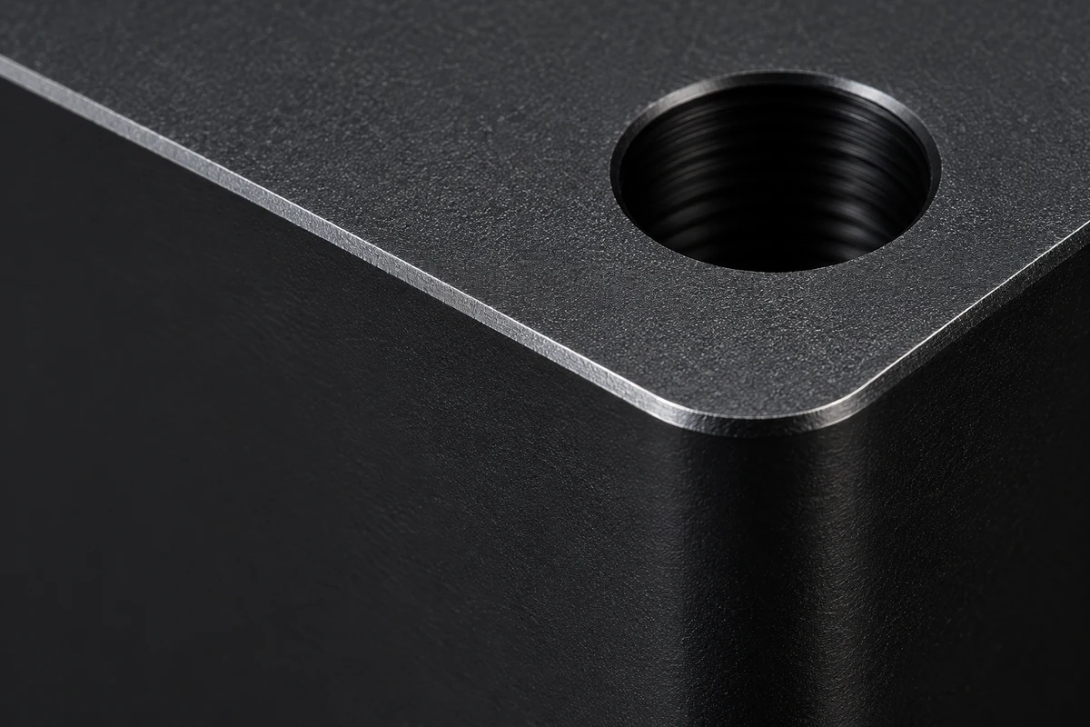 Black anodized aluminum with a machined hole