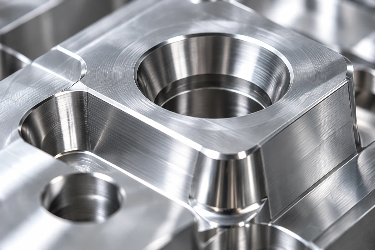 Close-up of a precision-machined metal surface, bores and edges