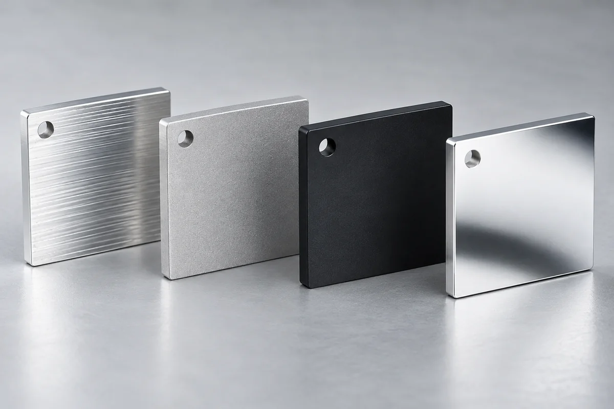Illustrative collection of metal components with different surface finishes