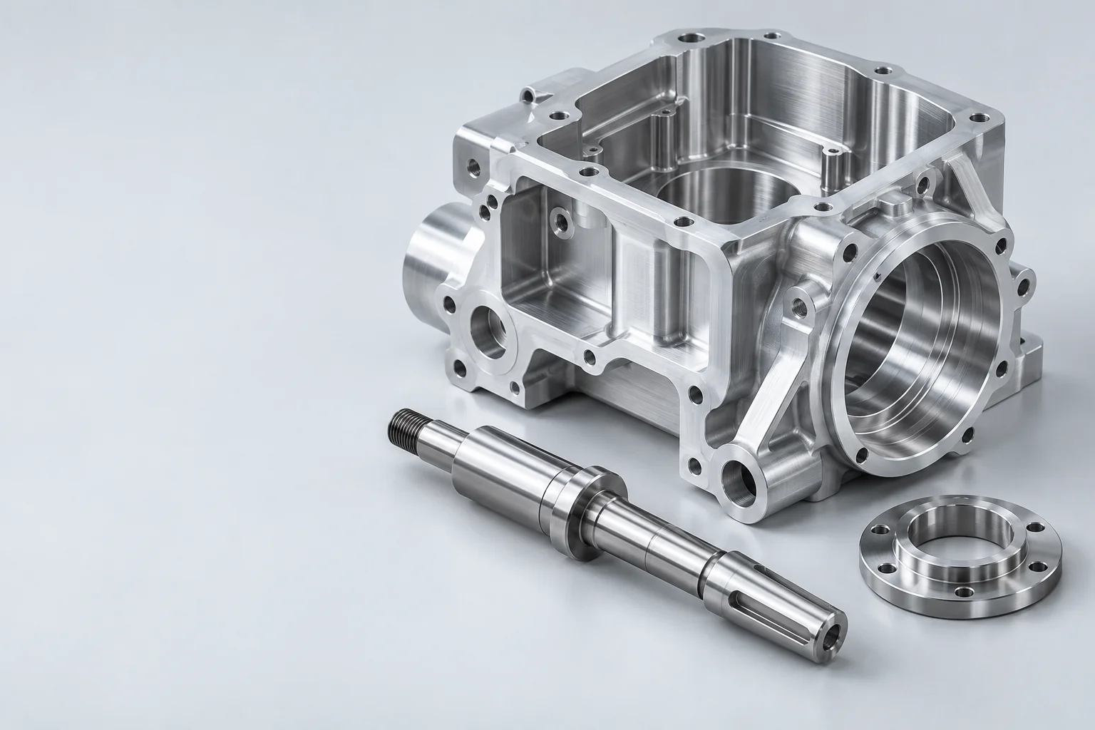 Illustrative precision-machined metal parts in a clean studio arrangement