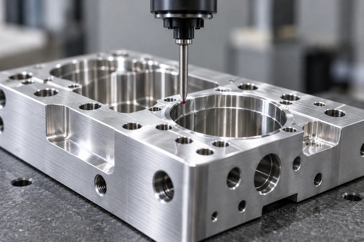 Illustrative inspection probe checking a machined aluminum housing