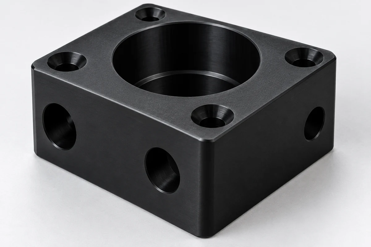 Black engineering plastic component with milled holes