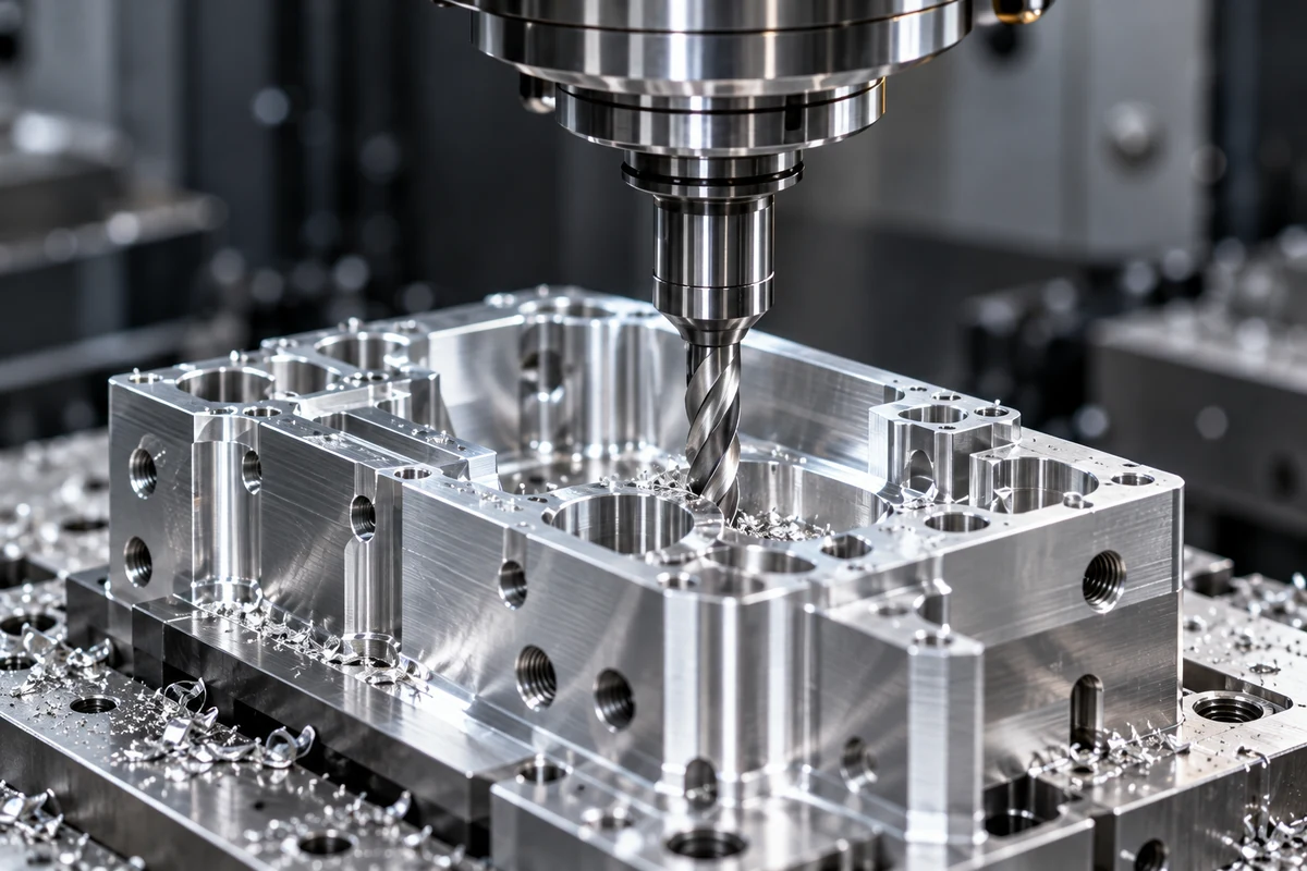 A milling tool approaching an open pocket of an illustrative aluminum part