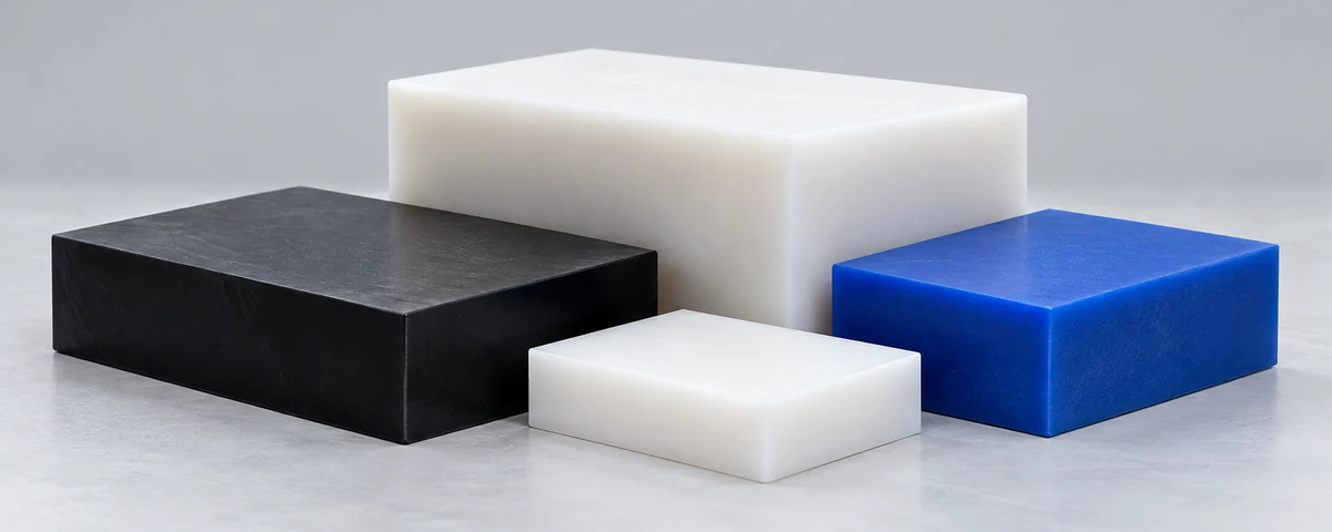 Illustrative black, white and blue engineering plastic blocks