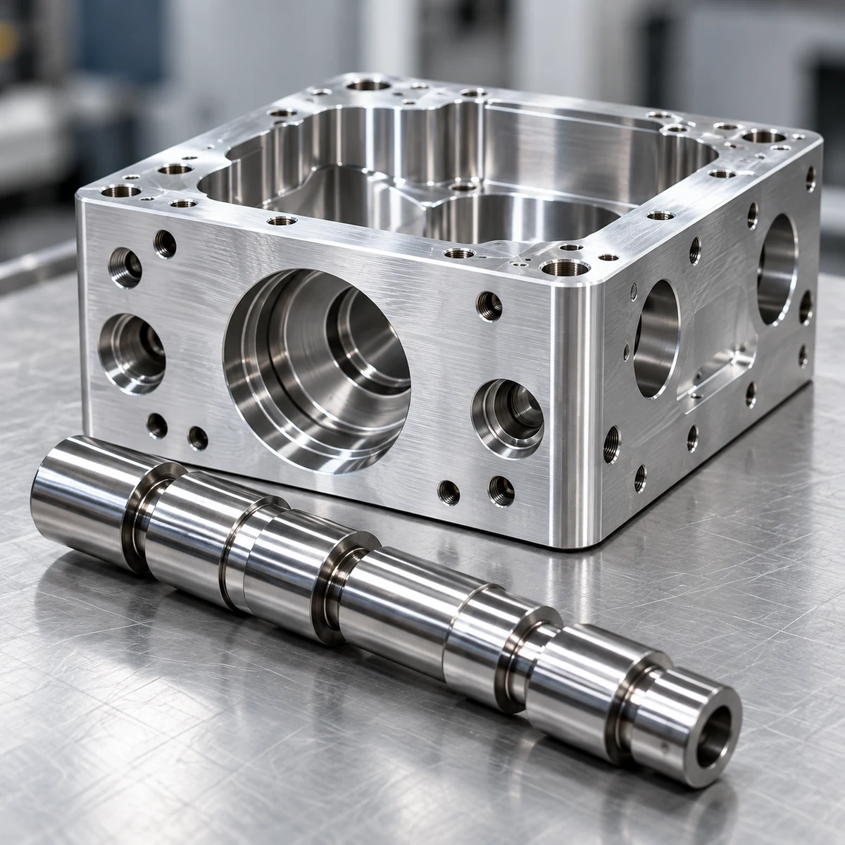 Illustrative milled aluminum housing and a precision turned shaft