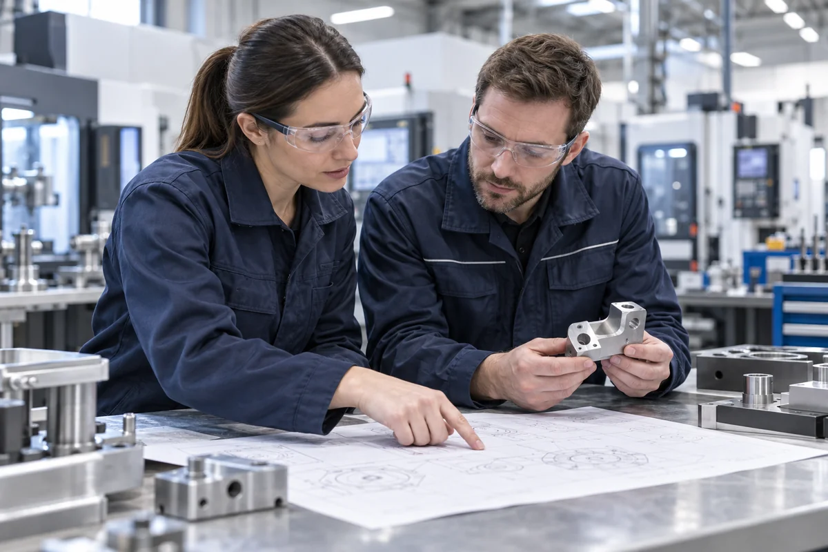 Illustrative engineering team reviewing a component drawing