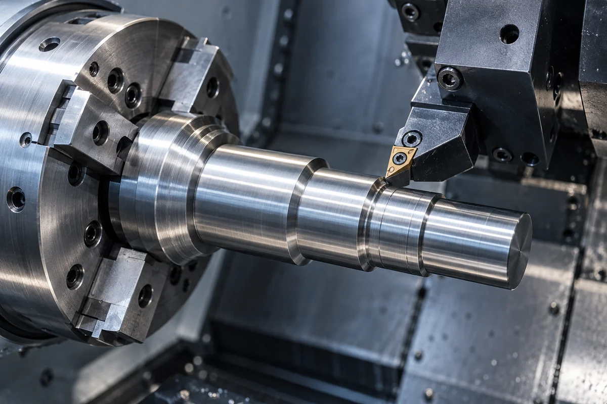Illustrative CNC turning setup with a cylindrical metal component